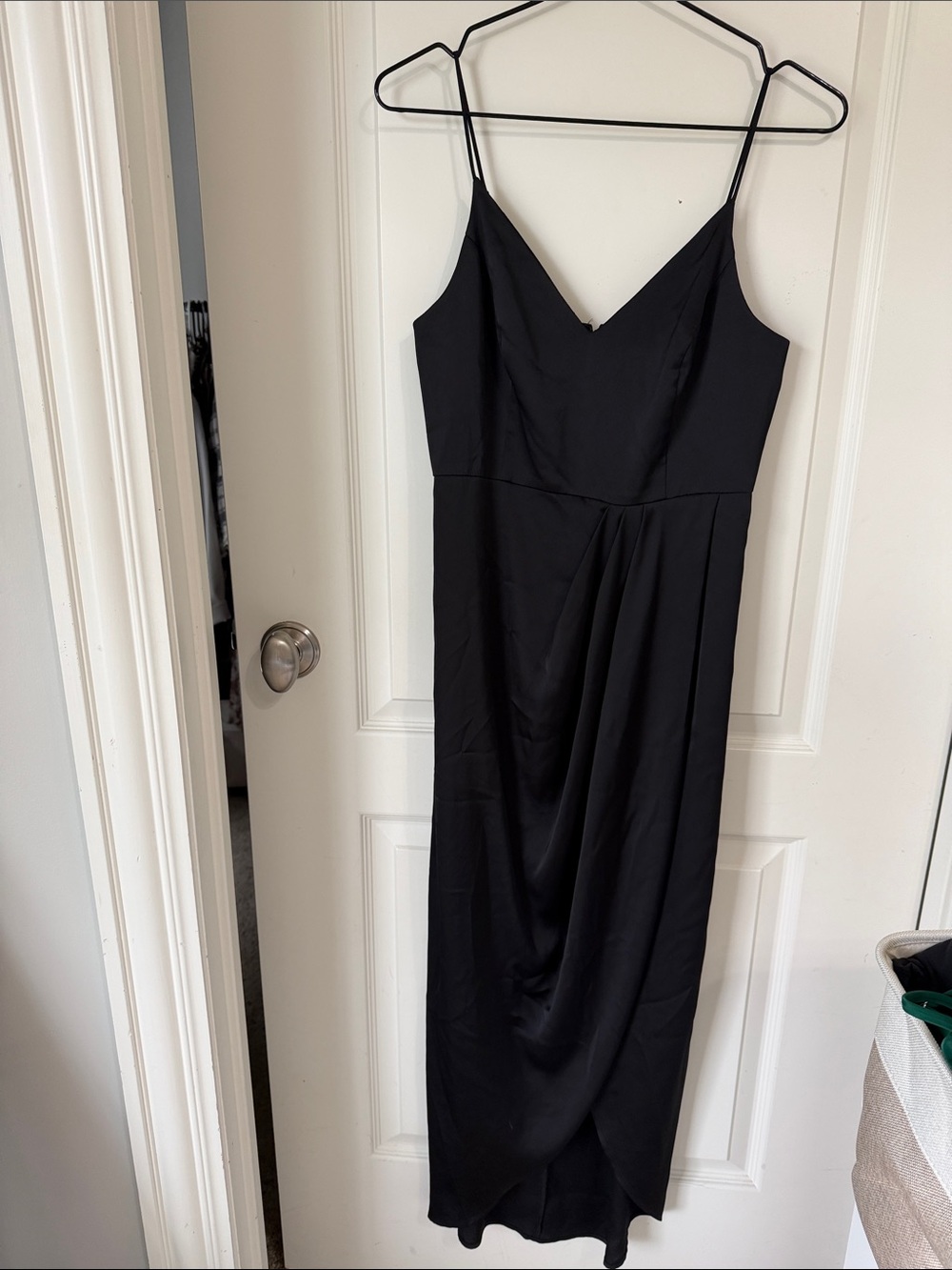 Express Classic Black Satin Slip Dress with Draped Skirt